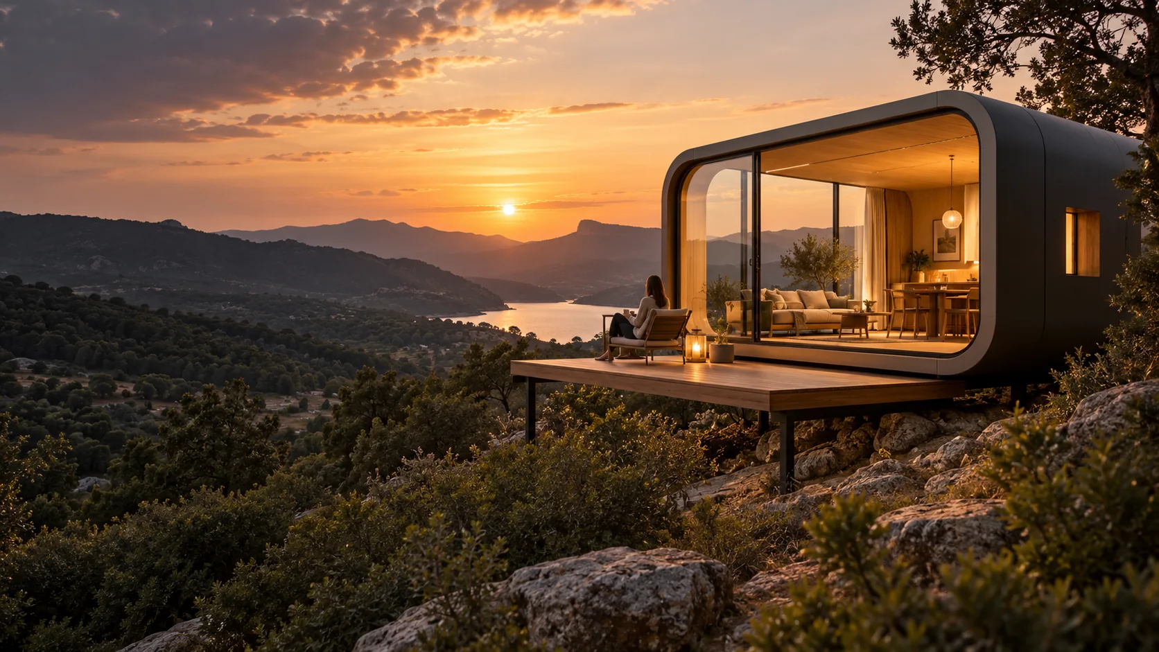 Casa cápsula en la costa, imagen conceptual