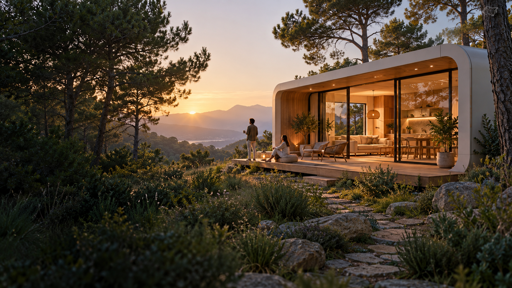 Recreación conceptual de una vivienda cápsula compacta junto a un bosque mediterráneo al atardecer