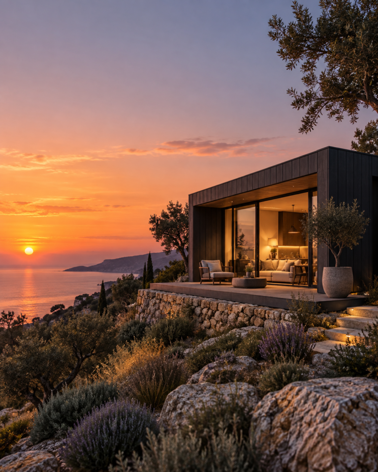 Imagen conceptual de una vivienda compacta modular junto al mar; no representa un producto real ni una instalación autorizada.