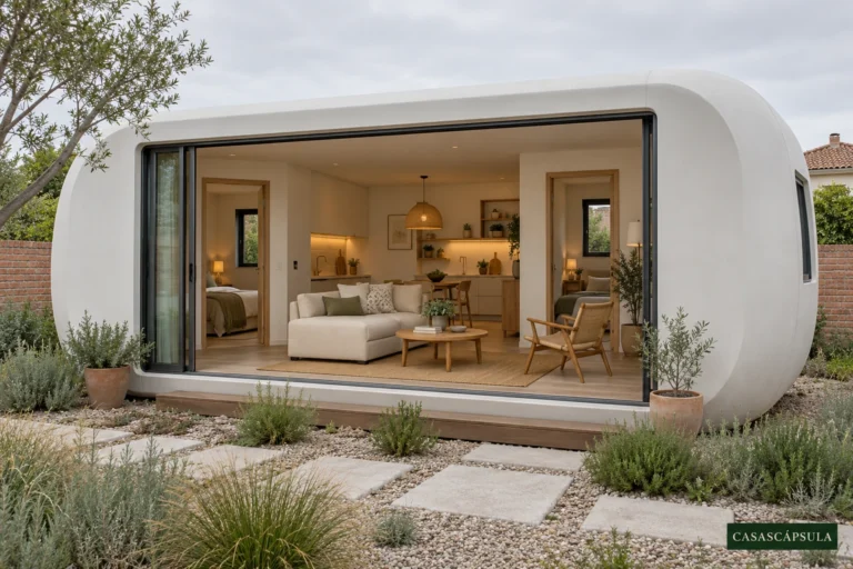 Ilustración conceptual de una casa cápsula con dos dormitorios
