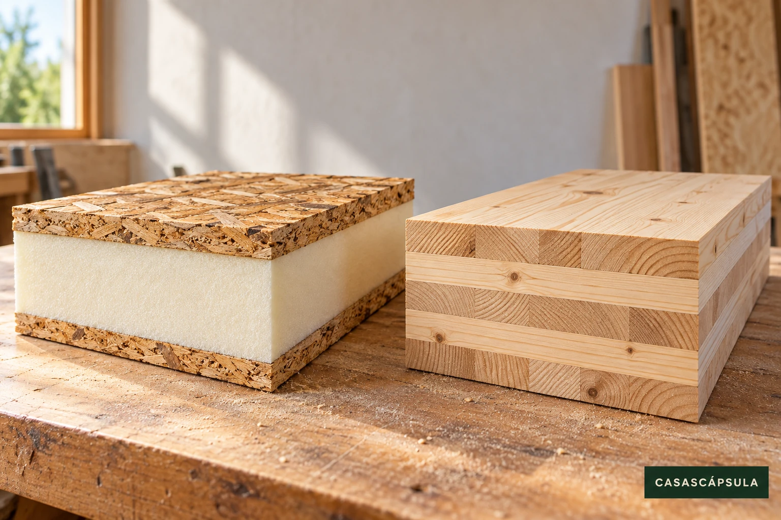 Muestras conceptuales de panel SIP y madera contralaminada