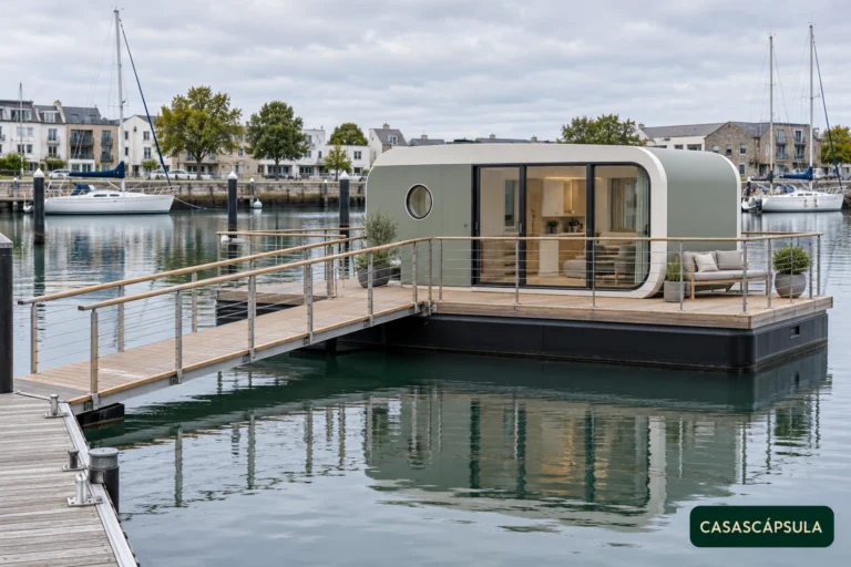 Casa cápsula flotante en una marina: ilustración conceptual de CasasCápsula