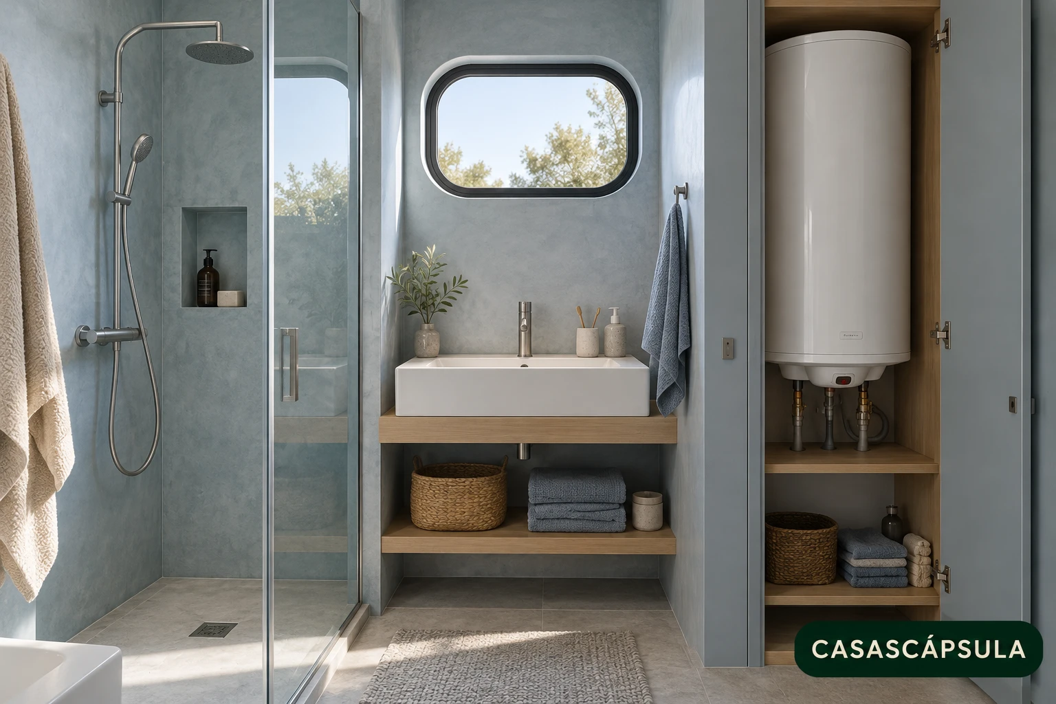 Baño conceptual de casa cápsula con ducha y calentador de agua