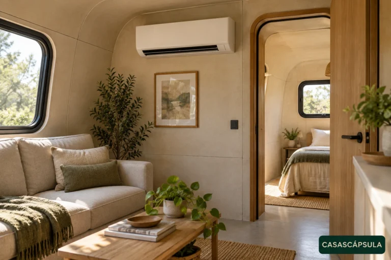 Interior conceptual de casa cápsula con aire acondicionado y dormitorio independiente