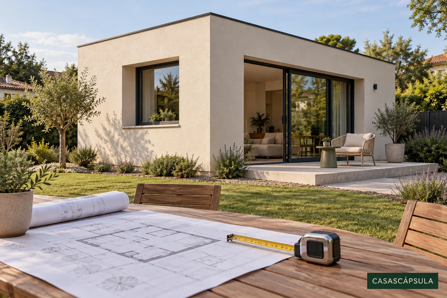 Casa prefabricada compacta con plano de medición: escena conceptual