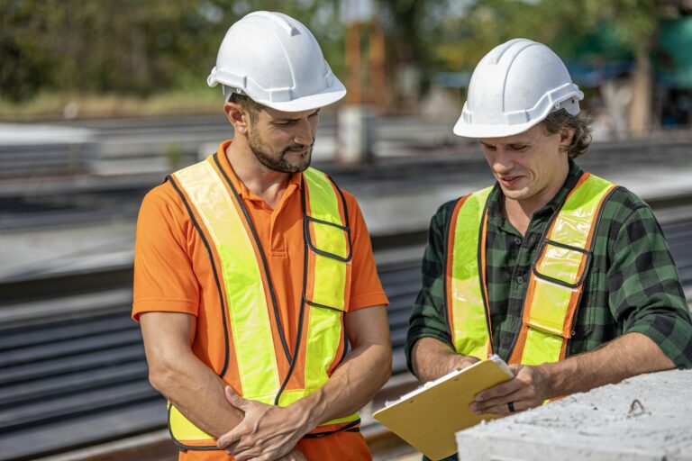 Profesionales revisando documentación en obra