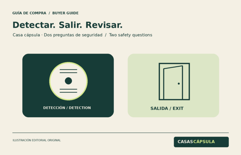 Detector de humo y salida en una casa cápsula: ilustración de comprobación