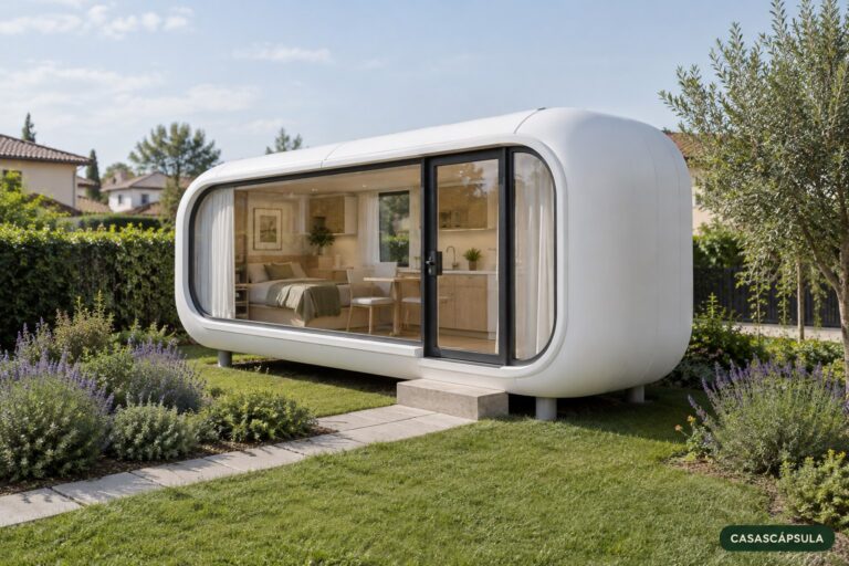 Ilustración conceptual de una casa cápsula compacta en un jardín residencial.