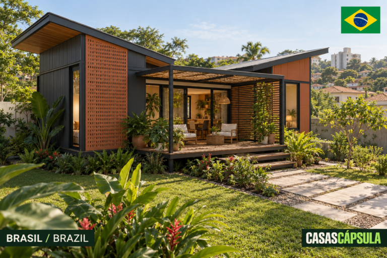 Ilustración editorial de vivienda modular en un jardín de Brasil