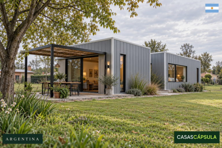 Ilustración editorial de vivienda modular prefabricada en Argentina