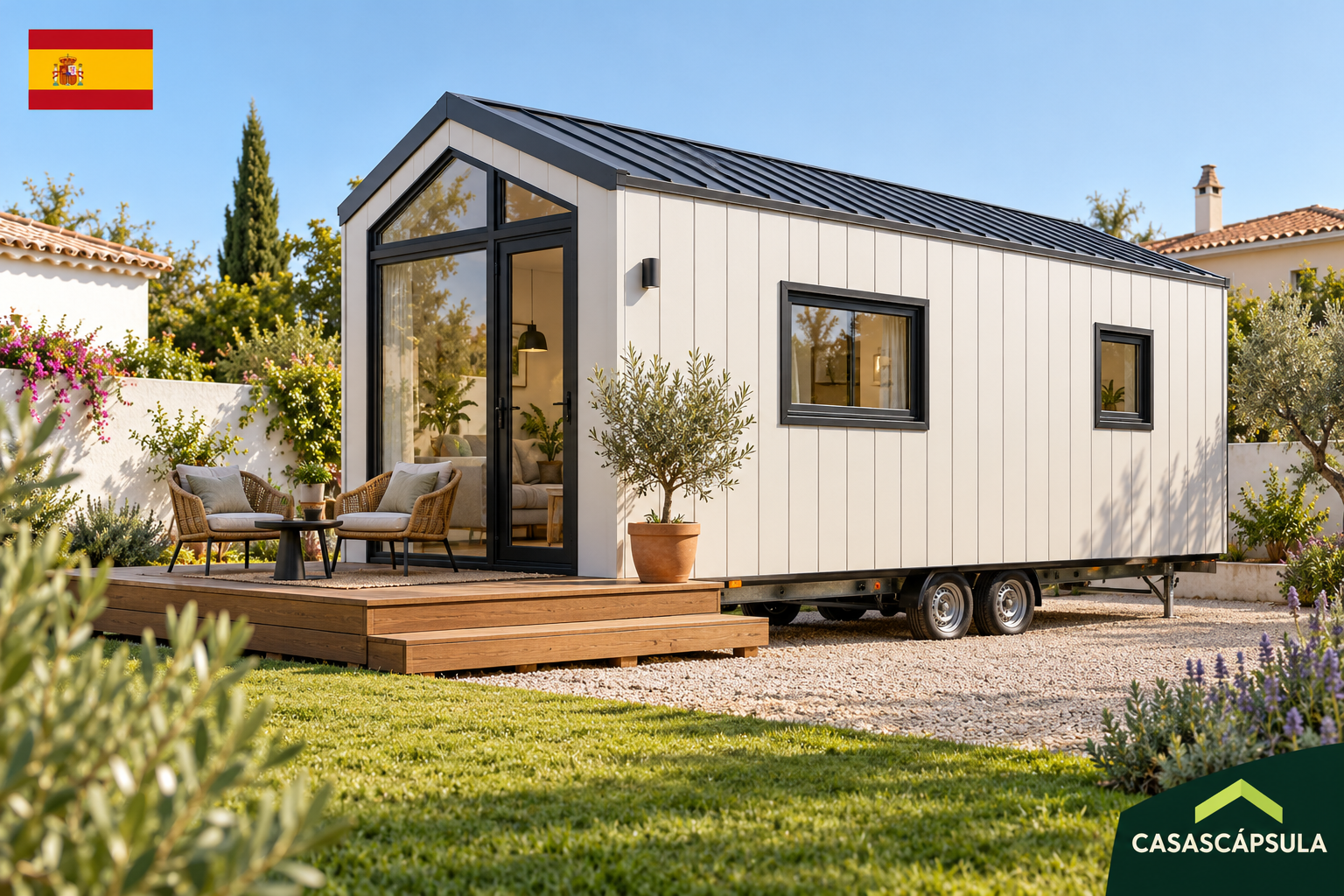 Ilustración editorial de tiny house para comparar casas compactas en España